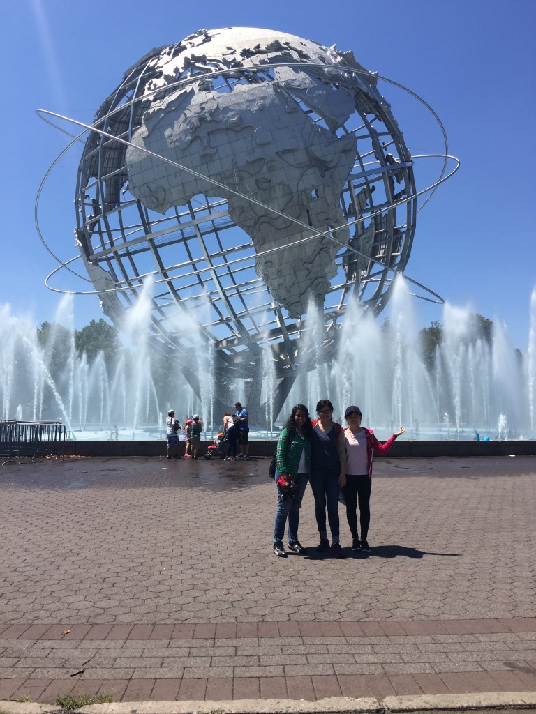 Geslin George, Xiao Shi, and Yanlei Feng on a data collection visit to Flushing Meadows Corona Park. They pose in front of the massive Unisphere fountain, a centerpiece in the historic core of the park.