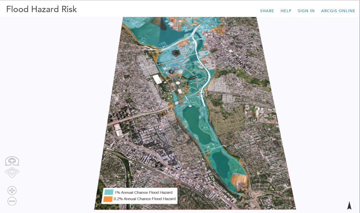 This image shows Flood Hazard Risk overlaid on a 3D model and aerial of the site. Select image to view in CityEngine web viewer.