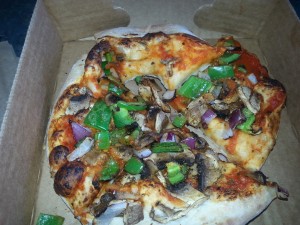 vegan pizza from BEAR    evoo spices and lots of healthy vegetables   vey nice lunch .Nothing better than fresh baked bread with carmelized vegetables and basil