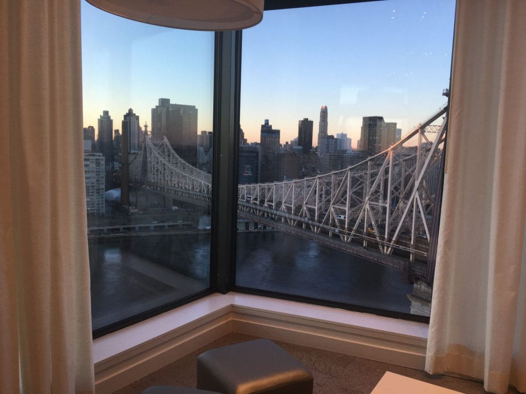 View of the Queensboro Bridge from inside a room at Cornell Tech.
