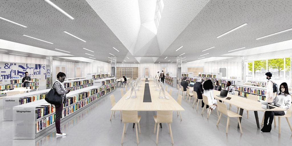 White interior of a library with central skylight.