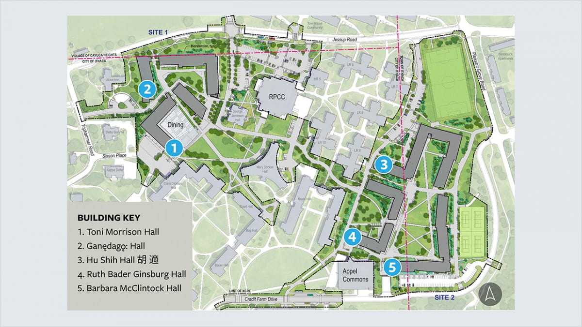 Aerial drawn map showing new building projects on Cornell's north campus.