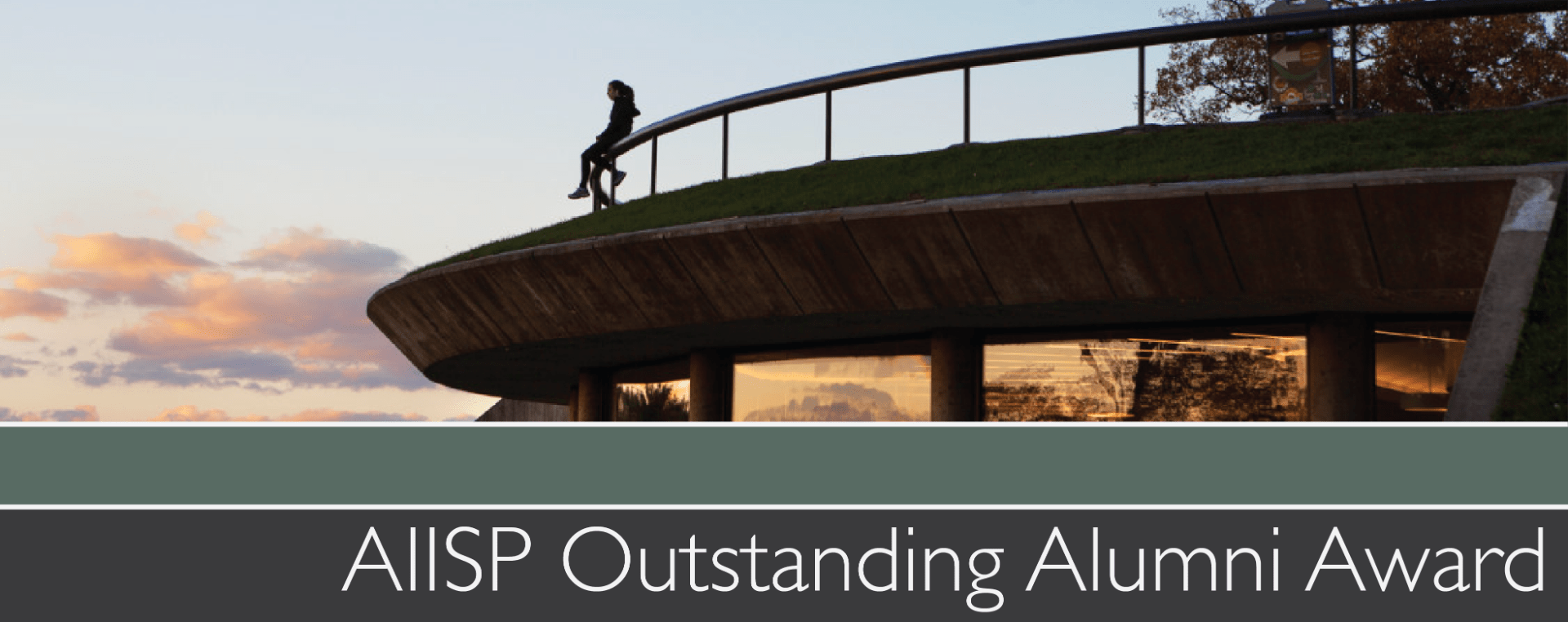 Banner with an image of a sunset with a person sitting on the edge of a circular building with text underneath which reads AIISP outstanding alumni award.