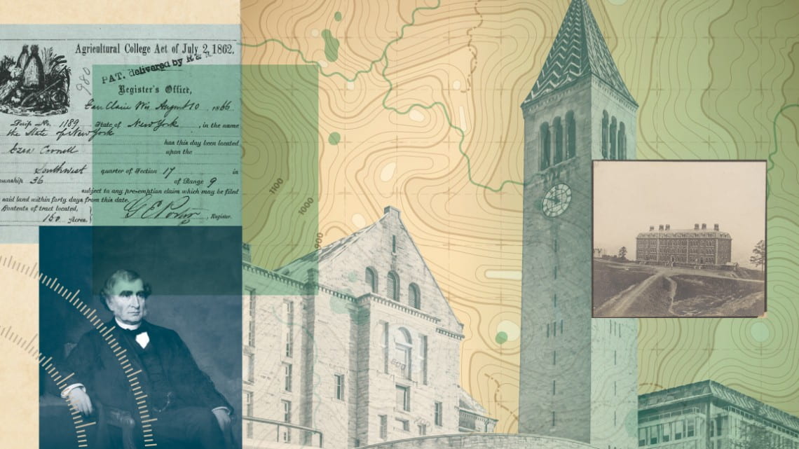 Collage image showing Justin Morrill, the Cornell clocktower, and Morrill hall.