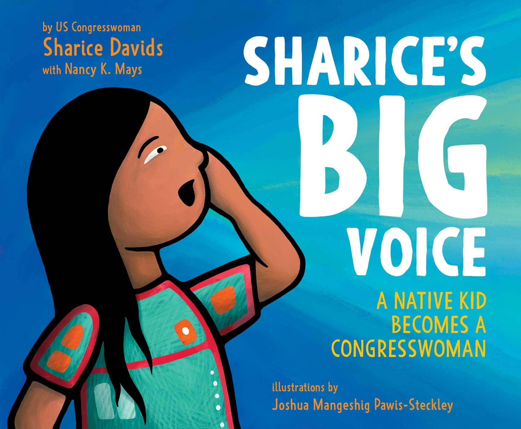 Illustration of a young woman yelling and text that says Sharice's big voice.