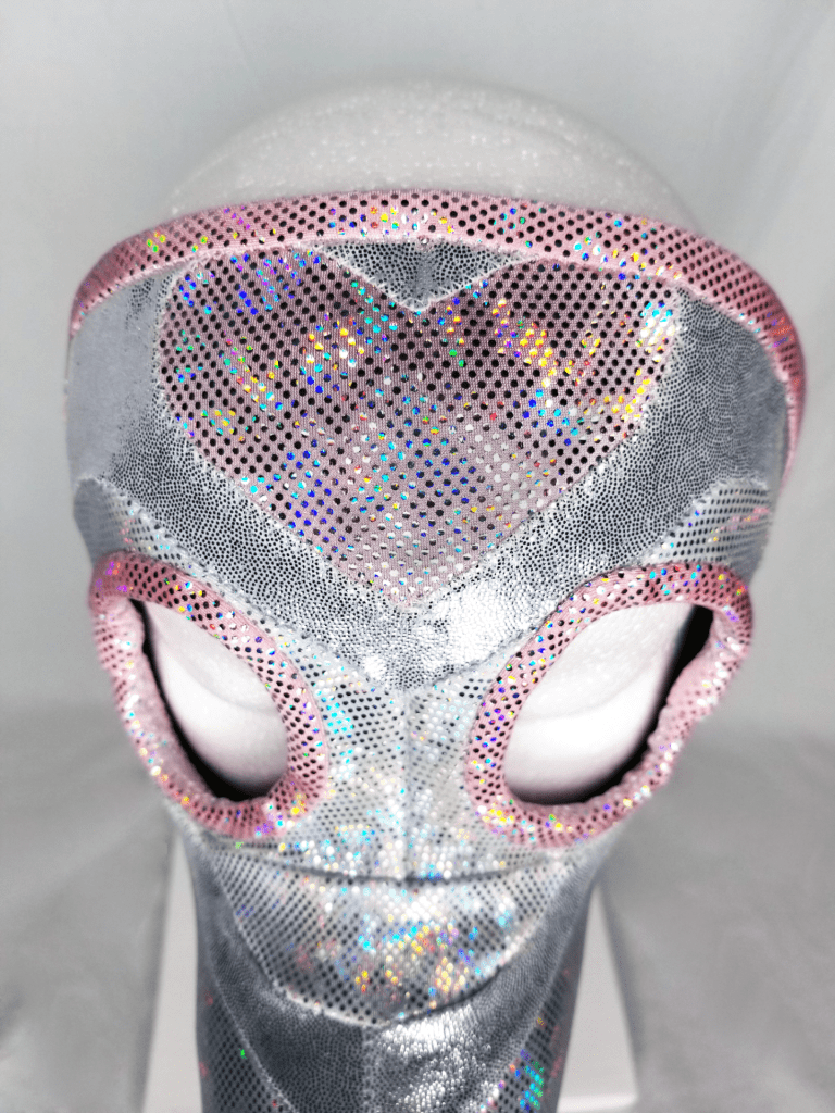 Closeup detail of a silver mask