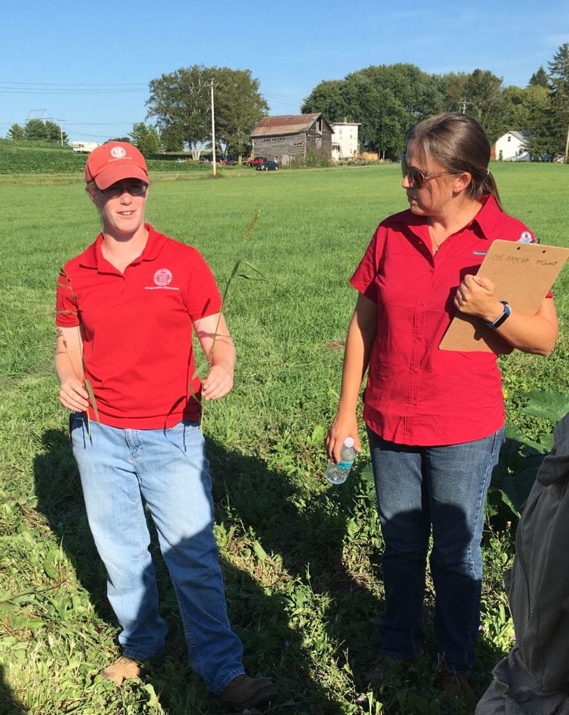 : Two women, both in red shirts, standing in the middle of a field. One holds two weeds. The other holds a clipboard and a water bottle.