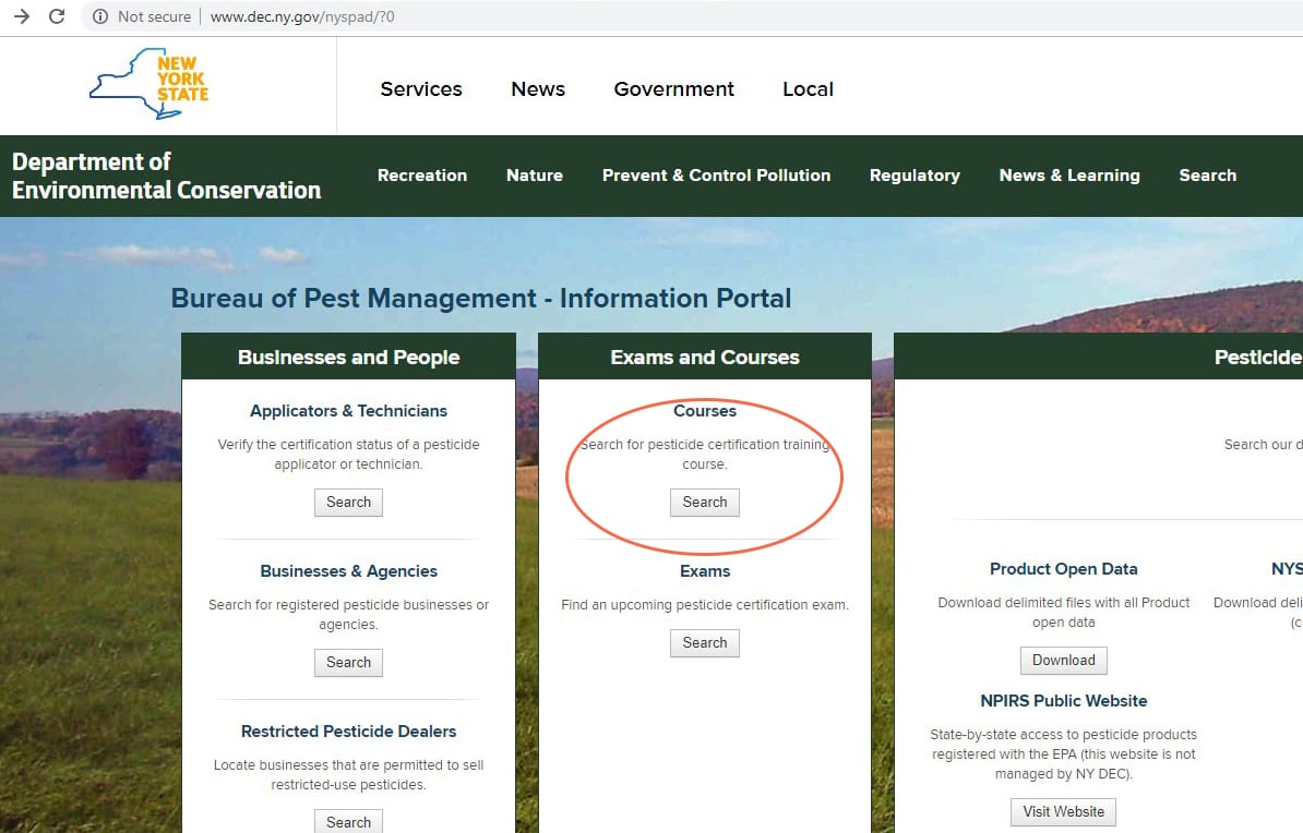 screenshot of NYSPAD bureau of pest management - information portal, focus on courses