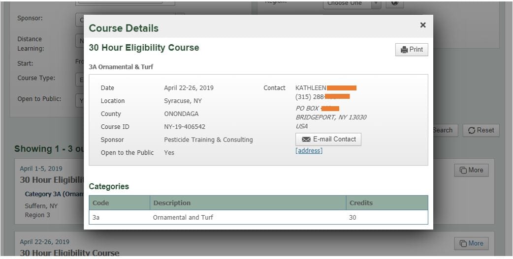 screenshot of NYSPAD course details for an example course