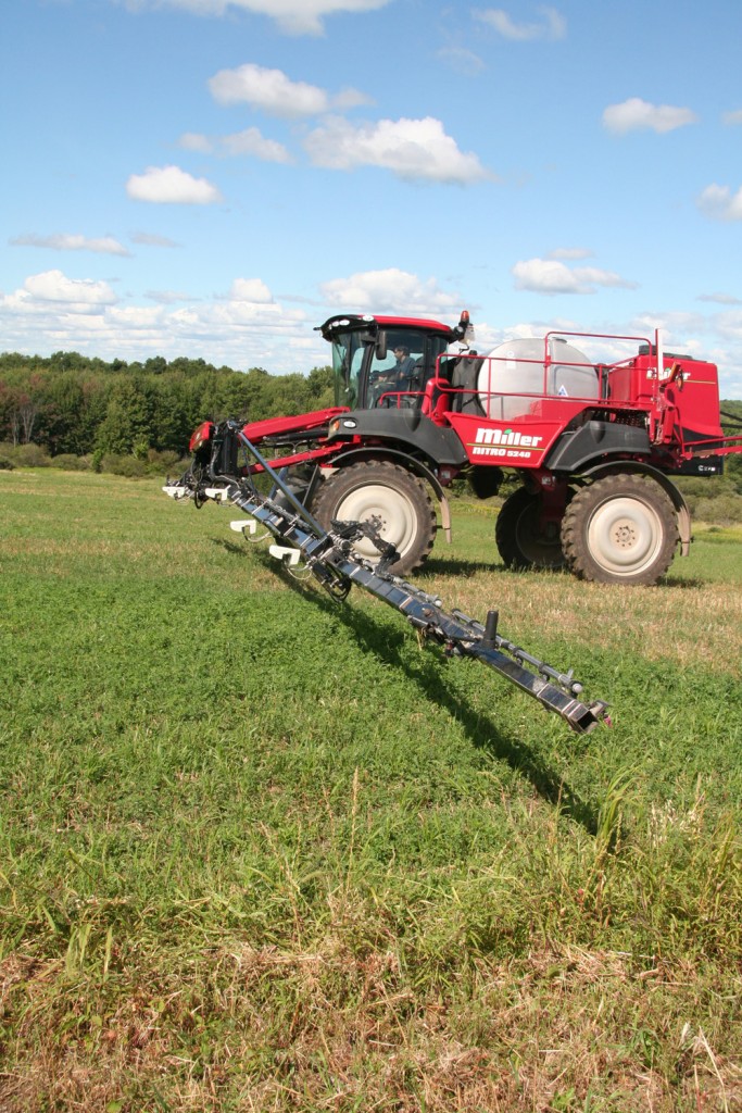 Miller’s Spray Service applies nematodes at Moserdale Farm, Copenhagen, NY. Miller’s is one of several agribusinesses in northern NY that are benefitting from the Northern New York Agricultural Development Program-funded alfalfa snout beetle research project. Photo: NNYADP
