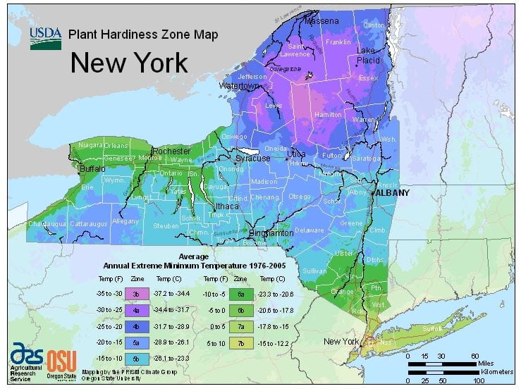 Map of New York State with annual extreme minimum temperatures