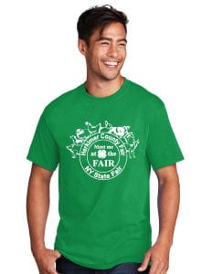 man wearing green t-shirt with animals and "meet me at the fair" on it