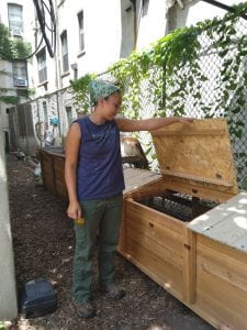 Kendra showing 3-bin compost