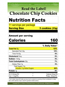 An example of a current CHFFF lesson poster reflecting the most recent changes to the Nutrition Facts Panel; areas such as Calories are enlarged, added sugar is included, and there is no longer a "calories from fat" section compared to the old Nutrition Facts Panel.