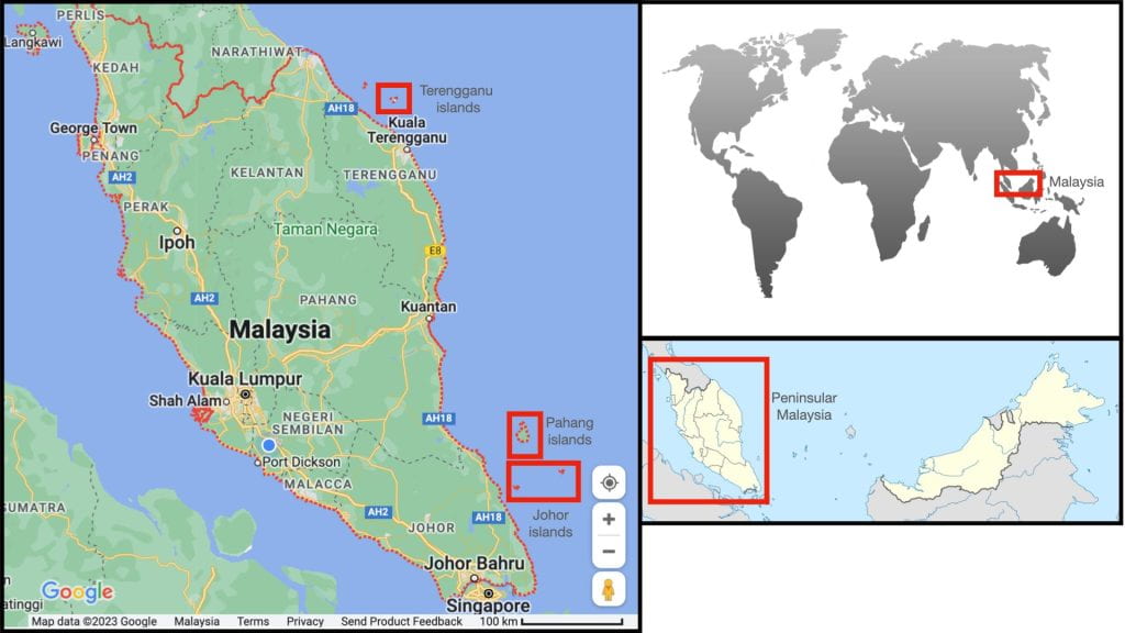 World map showing where Malaysia is. Map of Malaysia showing where Peninsular Malaysia is. Map of Peninsular Malaysia showing the field sites for the giant clam surveys