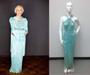 Ollie McNamara in a pleated Mary McFadden gown.  This dress is now part of the Cornell Costume and Textile Collection