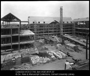 Construction of Martha Van Rensselaer Hall in 1932. According to Flora Rose, Eleanor Roosevelt convinced her husband to allocate the money needed to complete the building. (http://rmc.library.cornell.edu/homeEc/lg/F3_interview1Alt.htm) 