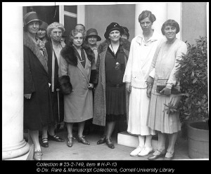 A meeting of the League of Women Voters at Eleanor Roosevelt's home in Hyde Park, New York, ca. 1919. Left to right: Mrs. Henry R. Hayes, Miss Martha Van Rensselaer, Mrs. Casper Whitney, general regional director of the League of Women Voters, Mrs. Samuel Bins, Mrs. Franklin D. Roosevelt, Mrs. Henry Goddard Leach, the State Chairman who presided at the meeting. 