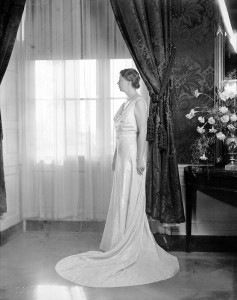 Official White House photograph of Eleanor Roosevelt in her 1937 inaugural gown, designed by Arnold Constable of New York. Roosevelt donated the gown to the Cornell Costume and Textile Collection (#915).