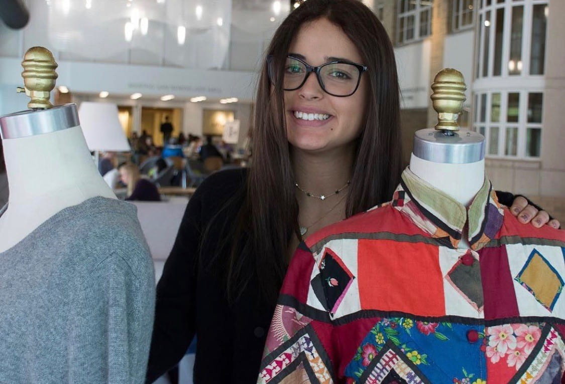 Allie Malakoff stands with patchwork dress form
