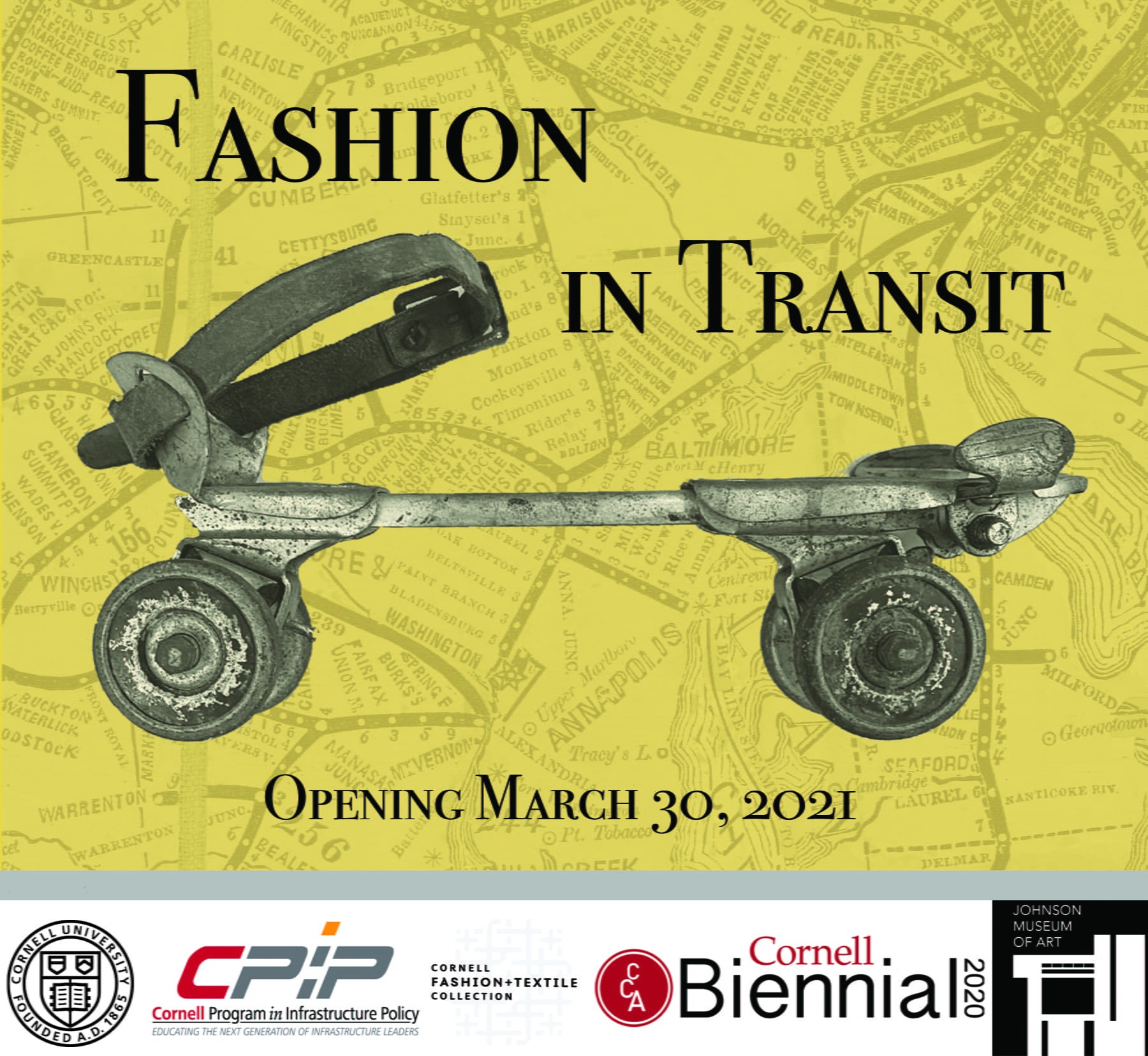 Roller skate with Fashion in Transit title and logos
