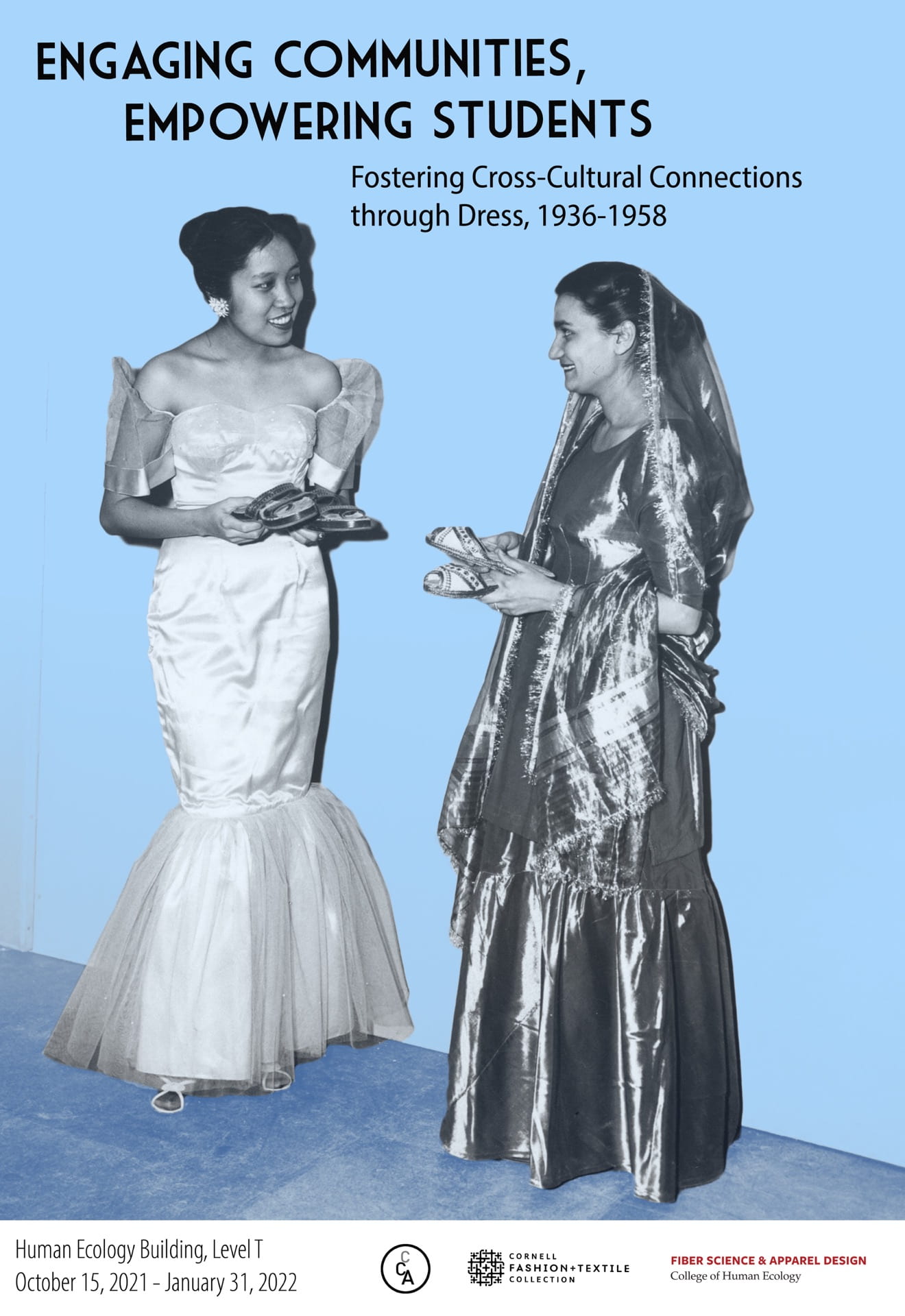 Exhibit poster featuring two international students in traditional dress