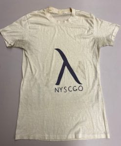 Silk screened t-shirt. There is a large black lambda symbol, with the letters NYSCGO underneath. 