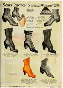 "Sears Convincer Shoes for Women." Magazine page with various shoe designs. 
