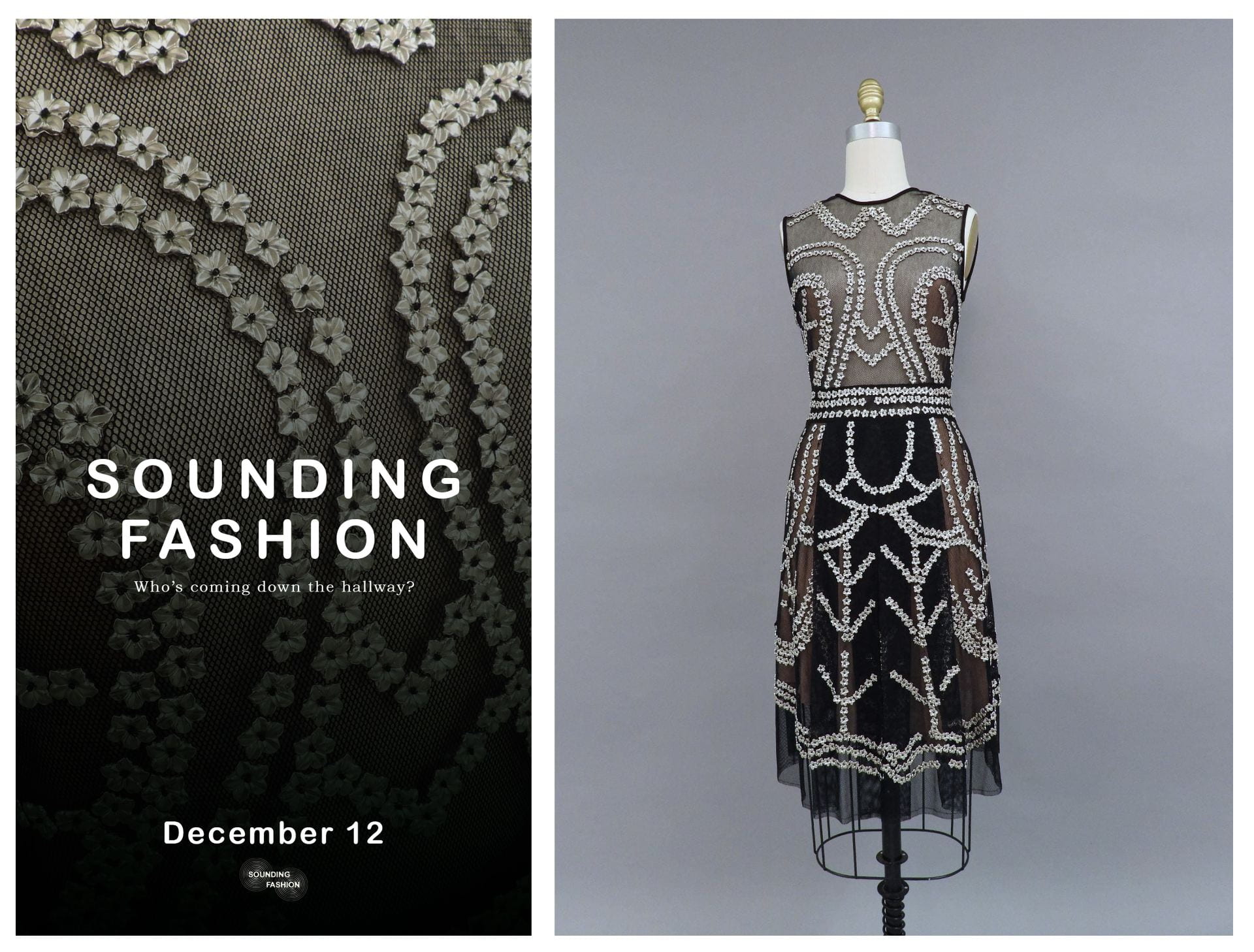Sounding Fashion exhibit promotional poster and black dress with metal decorative pieces to right