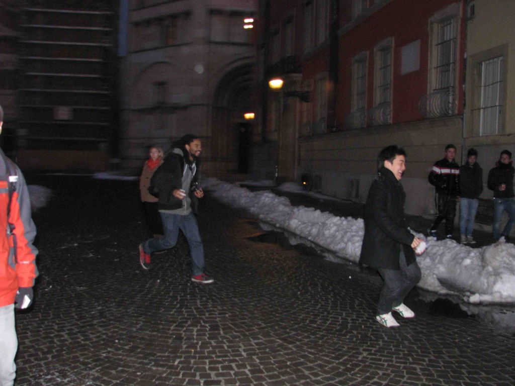 Zach Chasing Eun Woo (Snowball in Hand) Down the Streets of Parma