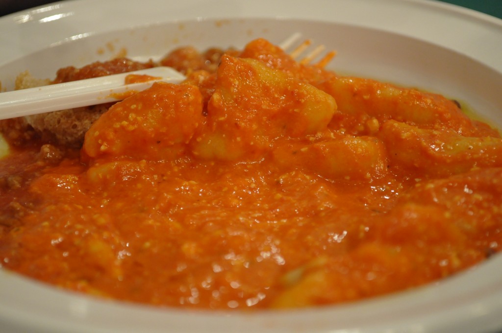 Gnocchi with red pepper and pine nut sauce