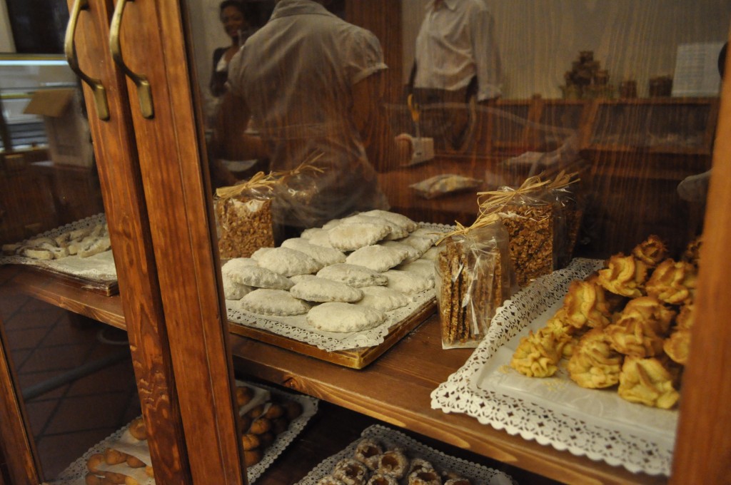 sweets behind the wooden cabinets