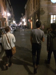 iPhone photograph I took of my friends Danica, Andres (one of our photographers!), and John walking through the city during La Notte Bianca. 