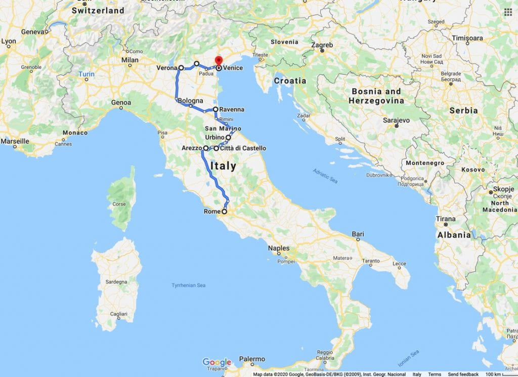 Our field trip took us through Arezzo, Città di Castello, Urbino, Ravenna, Verona, Vicenza, and Venice. Google Maps