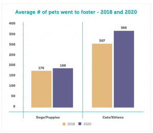 Average number of pets that went to foster care in 2018 vs. 2020