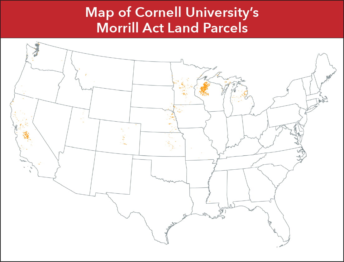 Map of Cornell University's Morrill Act land parcels. Produced using High Country News' land-grab universities project data by Dr. David Strip.