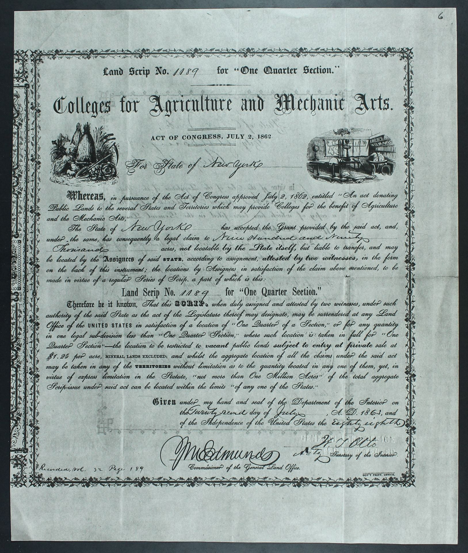 New York State Morrill Act Land Scrip, Piece No.1189. (credit: University Archives, Cornell University Library)