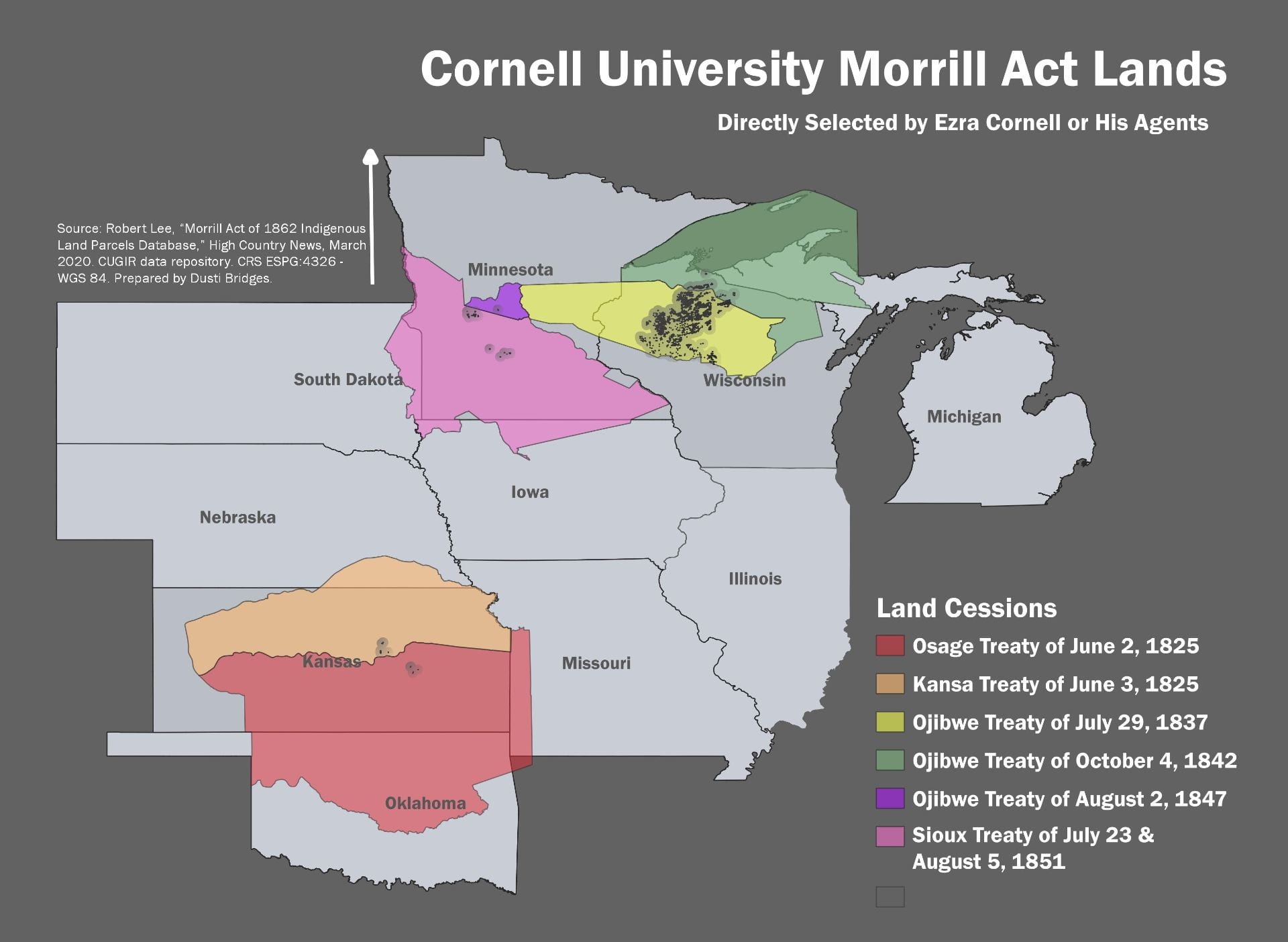 Cornell University Morrill Act Lands, Directly Selected by Ezra Cornell or His Agents (credit: Map prepared by Dusti Bridges, Department of Anthropology, Cornell University)
