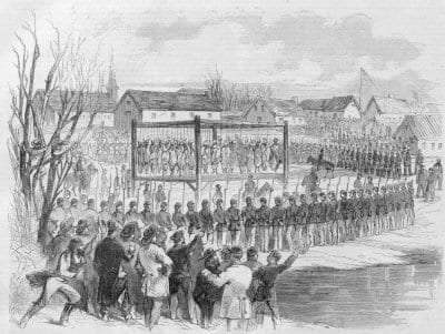 Execution of Thirty-Eight Indian Murderers at Mankato, Minnesota, Copied from a sketch by Mr. Herman, of St. Paul (credit: Harper’s Weekly 7 (313), January 27, 1863, p.37)