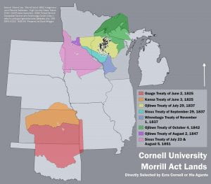 Map of the midwest showing land obtained by the United States by treaties with the Indigenous people of the area. In addition, the map shows the parcels of land selected by Ezra Cornell or his agents to use to built the endowment for Cornell University. The majority of these parcels are shown to be in northern Wisconsin.