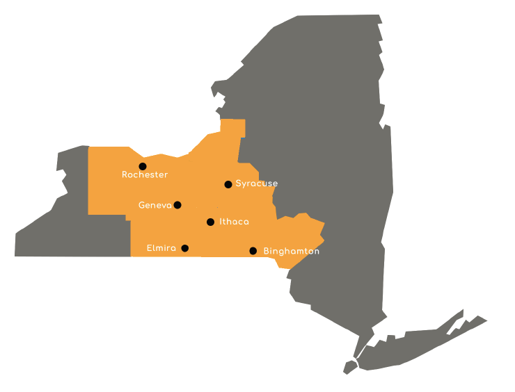 Map of New York State with Grow-NY region and locations of Rochester, Geneva, Elmira, Syracuse, Ithaca, and Binghamton marked.