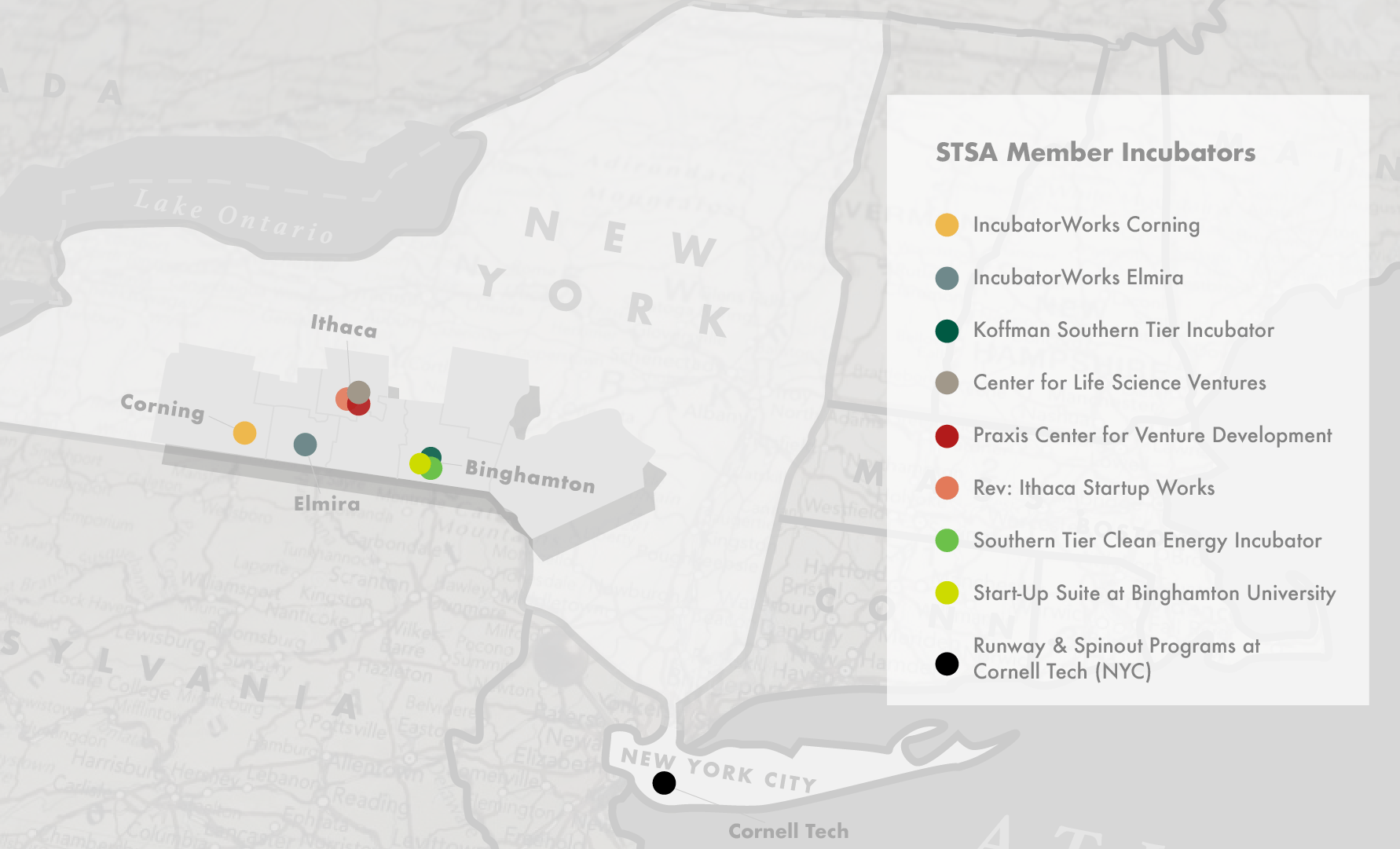 Map of the Southern Tier Startup Alliance based in New York State. Colorful dots signify the location of each Startup location.