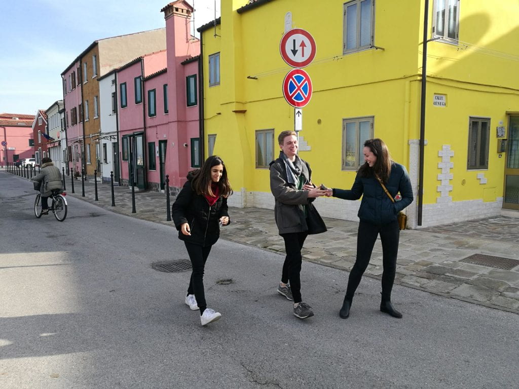 CRP students (L-R) Shayna Sarin, Nathan Revor and Emily Grace share a light moment on the way to a meeting in Pellestrina. (Image: George Frantz)