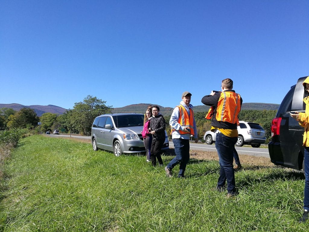 People wearing orange safety vests on a highway shoulder taking photos of surrounding hillsides