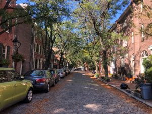 Tree-lined cobble stone street lined with row houses