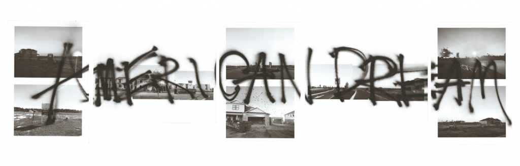 white wall with seven grayscale images and graffiti text