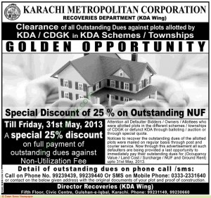 Karachi Development Authority Tender Notice depicting "golden opportunity" for "special discount of 25%" on outstanding non-utilization fees- a fee most slum dwellers cannot afford. (image source)