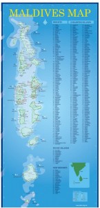 The map of the disparate Republic of Maldives, grouped in double chains of 26 atolls. Ceyline Travels. 2013