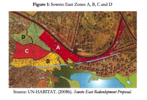 Zones A, B, C, and D represent Soweto Zones in Kibera. Residents of all these areas were relocated temporarily during the construction of the permanent relocation site. (Image from Nairobistudio.blogspot.org).