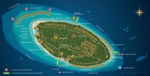 A typical layout plan of a resort island in the Maldives. Dusit Thani Hotels & Resorts. 2010
